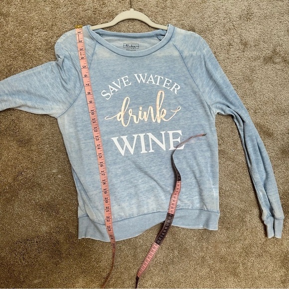 Miken Flow Save water drink wine long sleeve super soft blue top size XS - Picture 7 of 8
